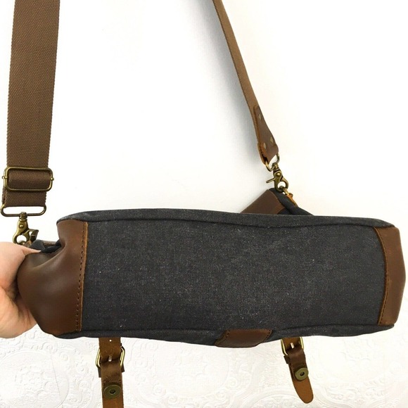 Retro leather & gray fabric laptop carry on travel work messenger bag - Picture 6 of 12